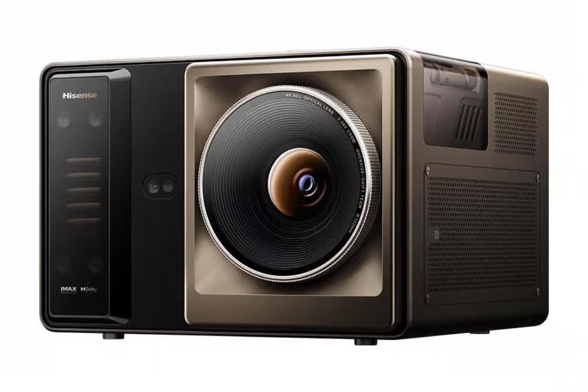 Hisense XR10 vue de face objectif 4K All-Optical Lens zoom 2.38x et logos IMAX Dolby