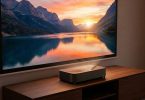 Vidéoprojecteur ultra courte focale Epson Lifestudio Grand Plus EH-LS970W posé sur meuble TV en bois projetant une image 4K HDR de coucher de soleil sur lac de montagne avec reflets dorés sur écran de 150 pouces