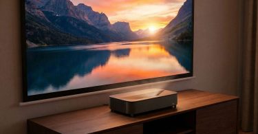 Vidéoprojecteur ultra courte focale Epson Lifestudio Grand Plus EH-LS970W posé sur meuble TV en bois projetant une image 4K HDR de coucher de soleil sur lac de montagne avec reflets dorés sur écran de 150 pouces