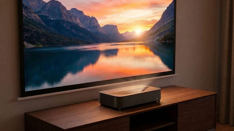 Vidéoprojecteur ultra courte focale Epson Lifestudio Grand Plus EH-LS970W posé sur meuble TV en bois projetant une image 4K HDR de coucher de soleil sur lac de montagne avec reflets dorés sur écran de 150 pouces