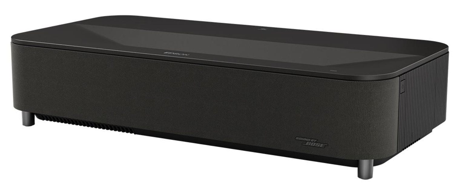 Vidéoprojecteur 4K ultra courte focale Epson Lifestudio Grand Plus EH-LS970W finition noire avec dessus laqué, grille acoustique tissée Sound by Bose et logo Epson centré