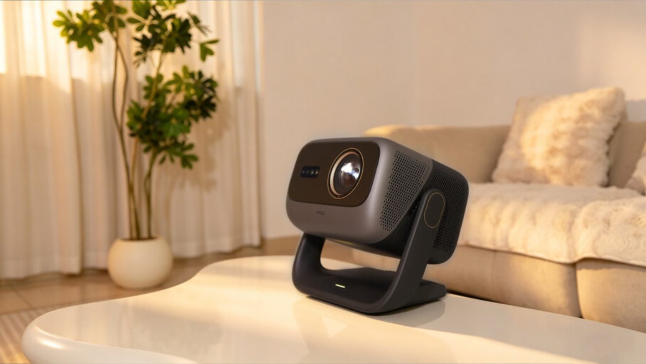 Projecteur JMGO N3 Ultimate 4K installé sur une table basse dans un salon contemporain, structure sur pied gimbal motorisé orientable pour une projection flexible