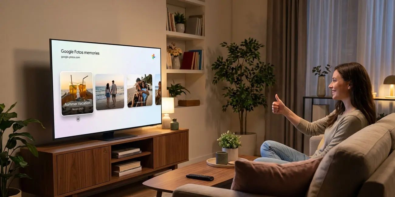 Téléviseur Samsung affichant Google Photos memories dans un salon, utilisatrice faisant un geste pouce levé