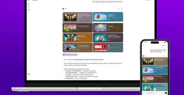 Interface de l'application Tubi intégrée à ChatGPT sur ordinateur et smartphone, affichant une recherche conversationnelle pour des comédies familiales avec des résultats sous forme de fiches films interactives.