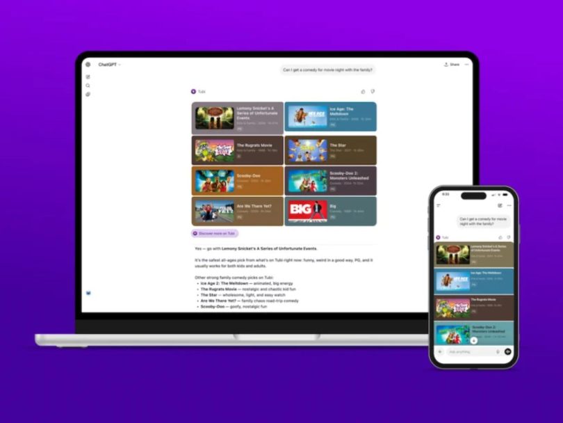 Interface de l'application Tubi intégrée à ChatGPT sur ordinateur et smartphone, affichant une recherche conversationnelle pour des comédies familiales avec des résultats sous forme de fiches films interactives.