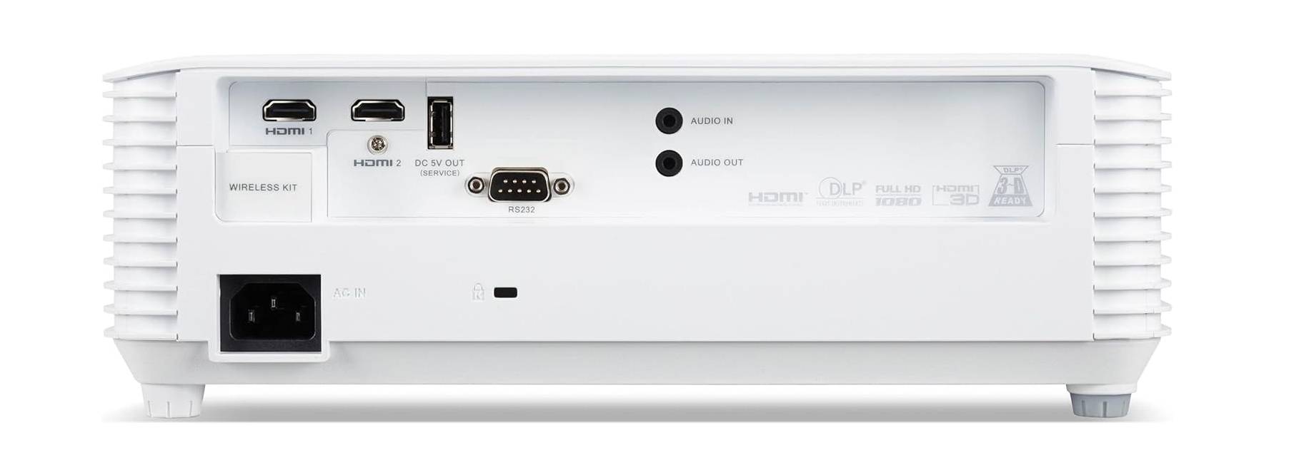 Panneau de connectique arrière du vidéoprojecteur Acer H6546Ki avec logement Wireless Kit, deux ports HDMI 1 et 2, port USB DC 5V OUT de service, RS232, entrée et sortie audio jack, prise AC In et verrou Kensington, logos DLP Full HD 1080 et HDMI 3D