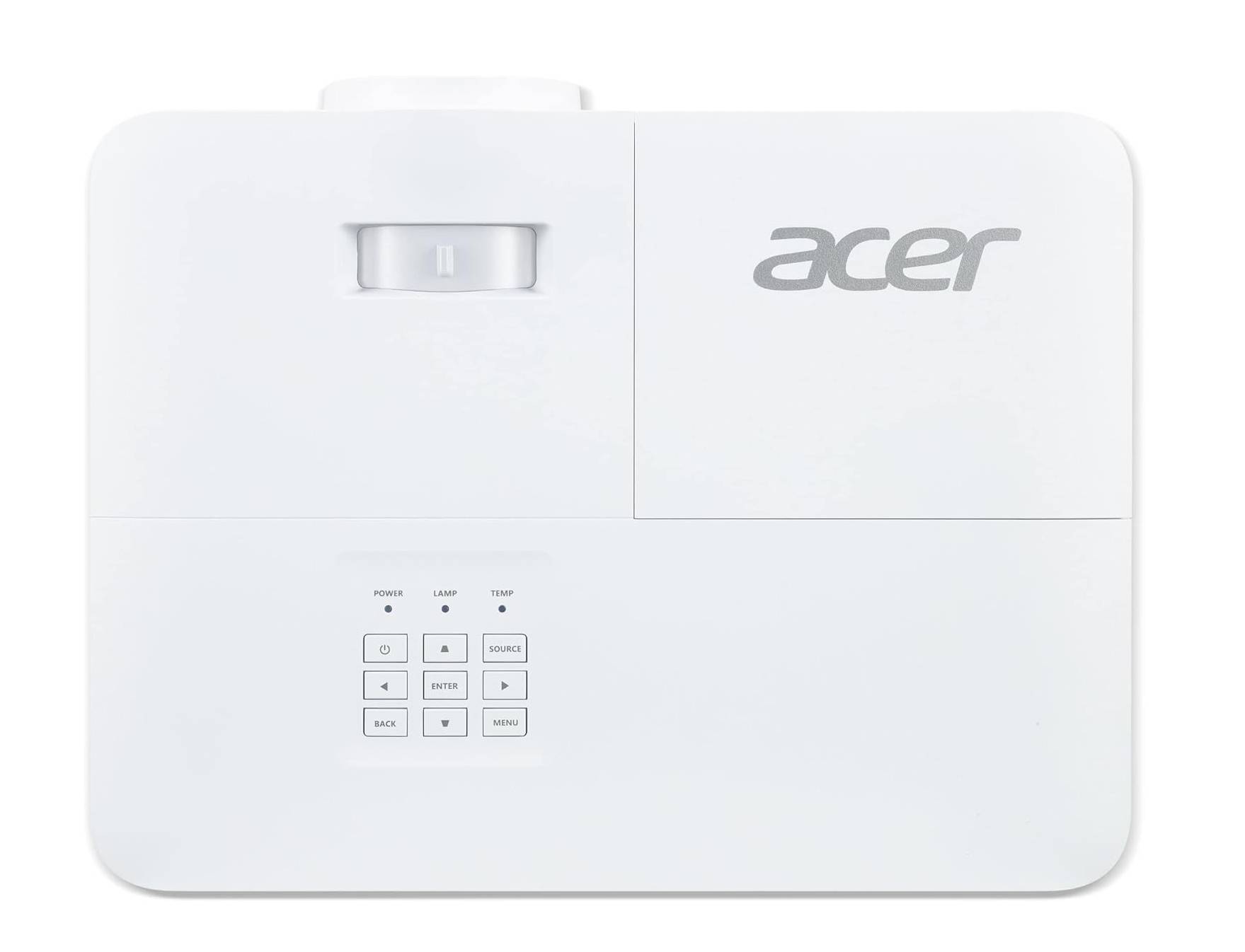 Vidéoprojecteur Acer H6546Ki blanc vu de dessus, montrant la molette de mise au point et de zoom, le logo Acer et le panneau de commandes intégré avec voyants Power, Lamp et Temp et boutons de navigation, source, menu et correction trapézoïdale