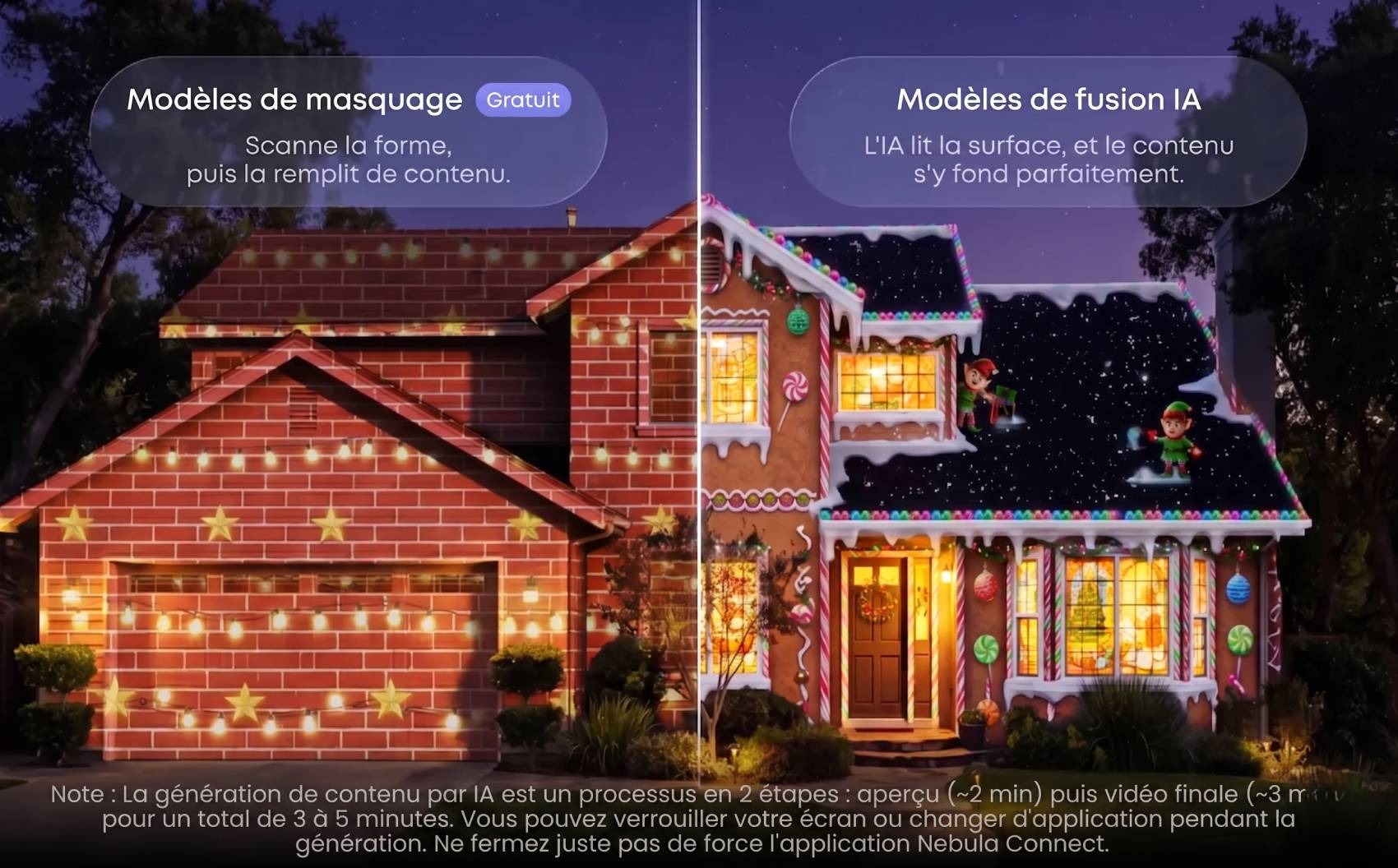 Comparaison officielle Anker en français des deux modes de projection du Nebula SpaceFlow sur la même maison de banlieue brique de nuit, à gauche modèles de masquage gratuit avec guirlandes lumineuses et étoiles simples projetées sur la façade brute, à droite modèles de fusion IA avec transformation complète en maison en pain d'épices Noël avec elfes animés, glaçage de neige, sucres d'orge et décorations qui épousent la géométrie exacte du bâtiment