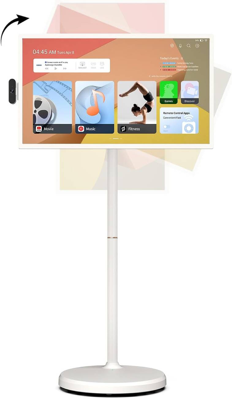 Apolosign Smart Portable TV Gen 2 32 pouces 4K sur pied à roulettes blanc, interface dashboard Android avec icônes Movie Music Fitness Games Discover et événements du jour incluant World Cup Soccer Qualifiers, design Stand-By-Me concurrent LG StanbyME et Samsung Movingstyle