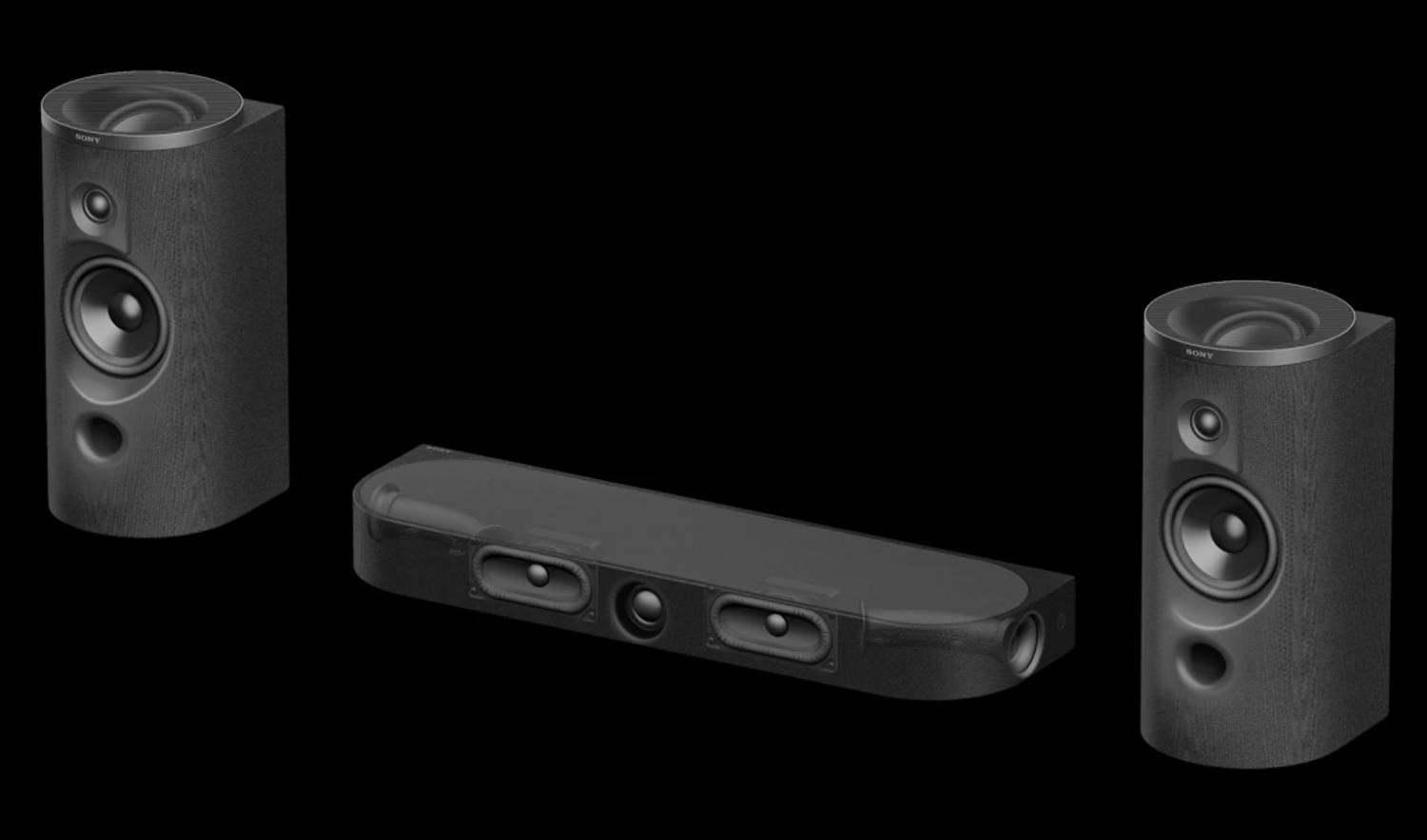 Vue éclatée des transducteurs du Sony BRAVIA Theatre Trio sur fond noir : enceinte centrale avec tweeter central encadré de deux woofers ovales, et les deux satellites frontaux dotés chacun d'un woofer, d'un tweeter et d'un haut-parleur orienté vers le haut pour les canaux de hauteur Dolby Atmos.