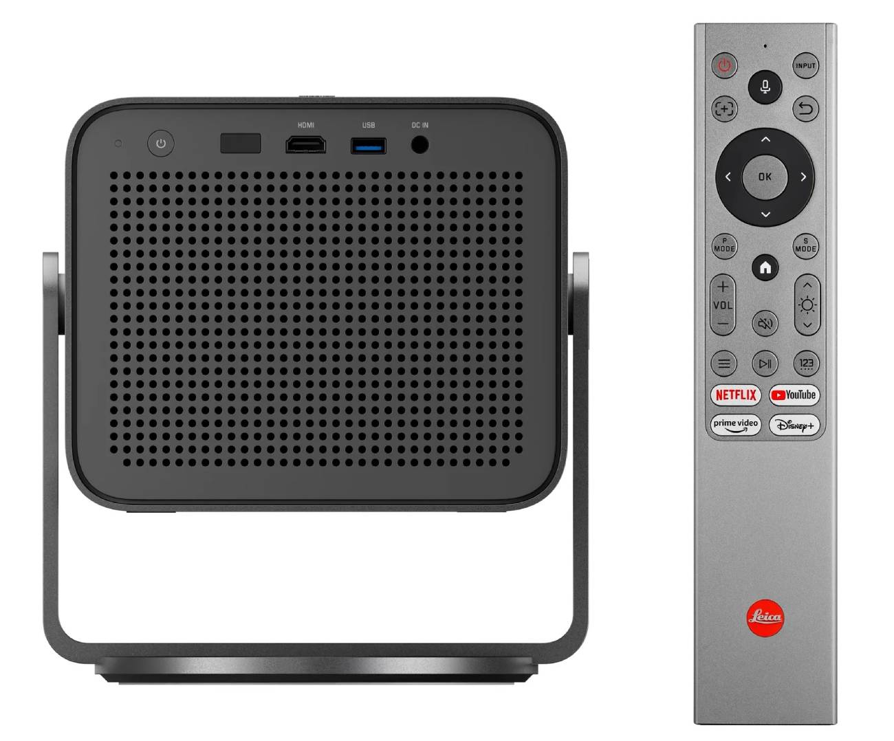 Connectique arrière du Leica Cine Compact 1 avec ports HDMI, USB et prise DC IN au-dessus de la grille de haut-parleurs, à côté de la télécommande Leica dotée des touches de streaming Netflix, YouTube, Prime Video et Disney+ et d'un bouton micro