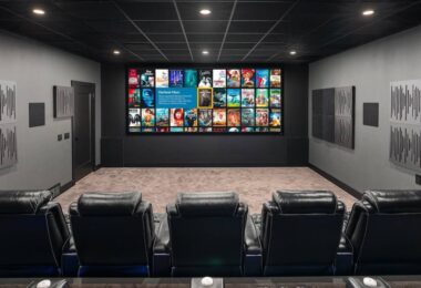 Salle de home cinéma privée traitée acoustiquement, grand écran de projection large affichant une interface de bibliothèque de films, deux rangées de fauteuils inclinables en cuir noir, panneaux absorbants et diffuseurs muraux, plafond noir avec spots encastrés