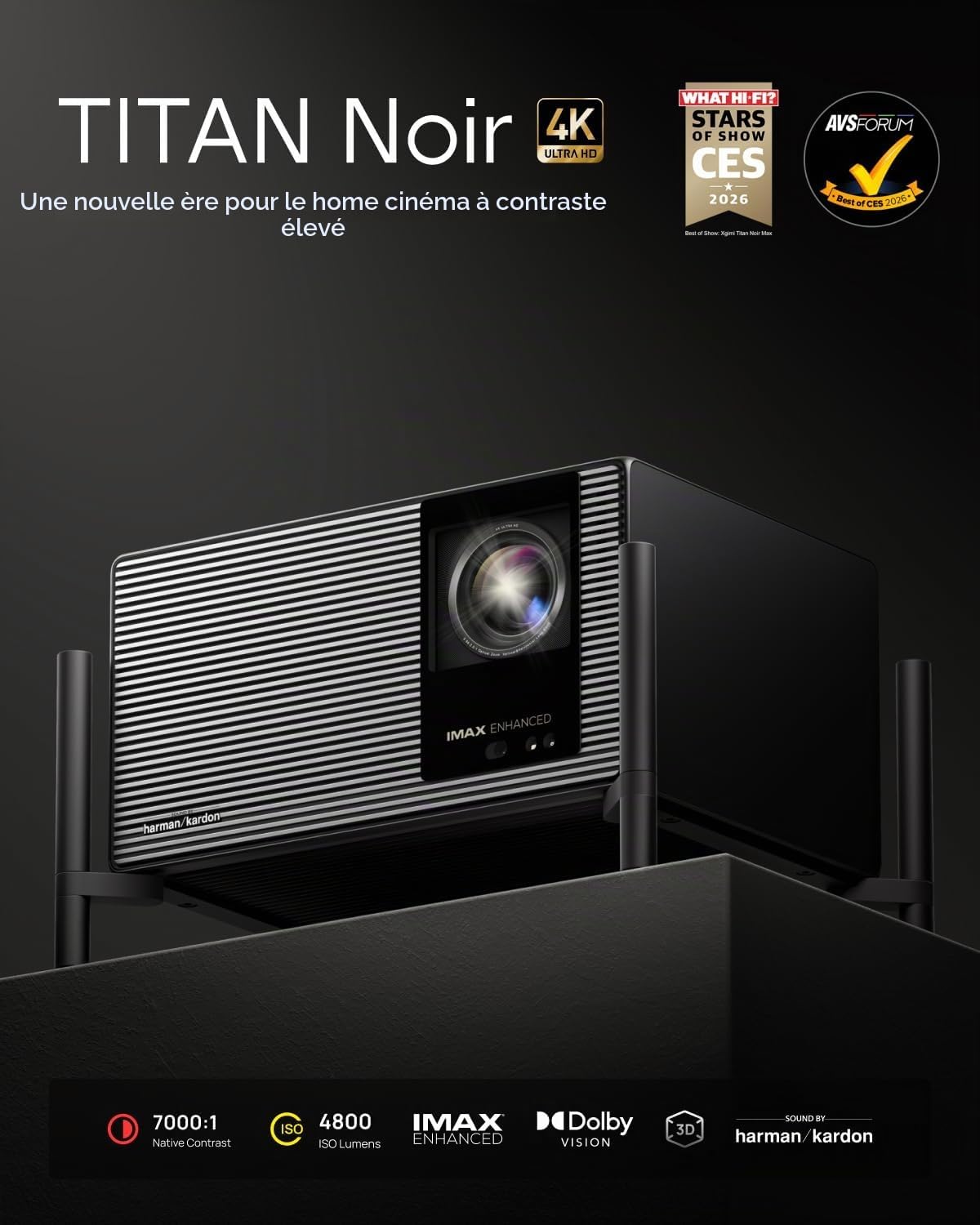 Visuel officiel du vidéoprojecteur 4K XGIMI TITAN Noir avec bandeau de specs : contraste natif 7000:1, 4800 lumens ISO, IMAX Enhanced, Dolby Vision, 3D et audio Harman Kardon.