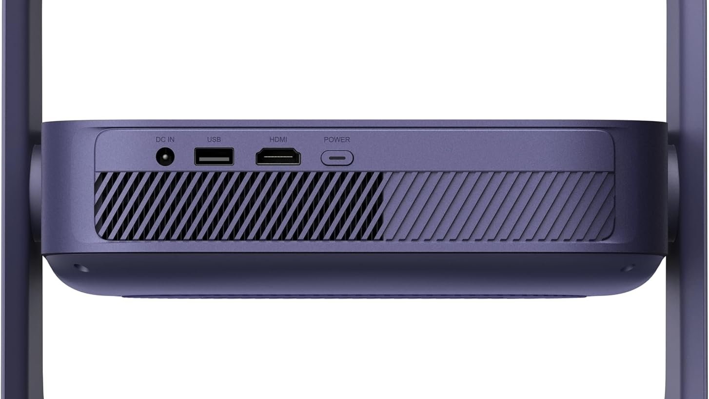 Face arrière du projecteur XGIMI Elfin Flip Laser bleu nuit avec entrée DC IN, port USB, une seule entrée HDMI, bouton Power et grille d'aération, entre les montants du support carré