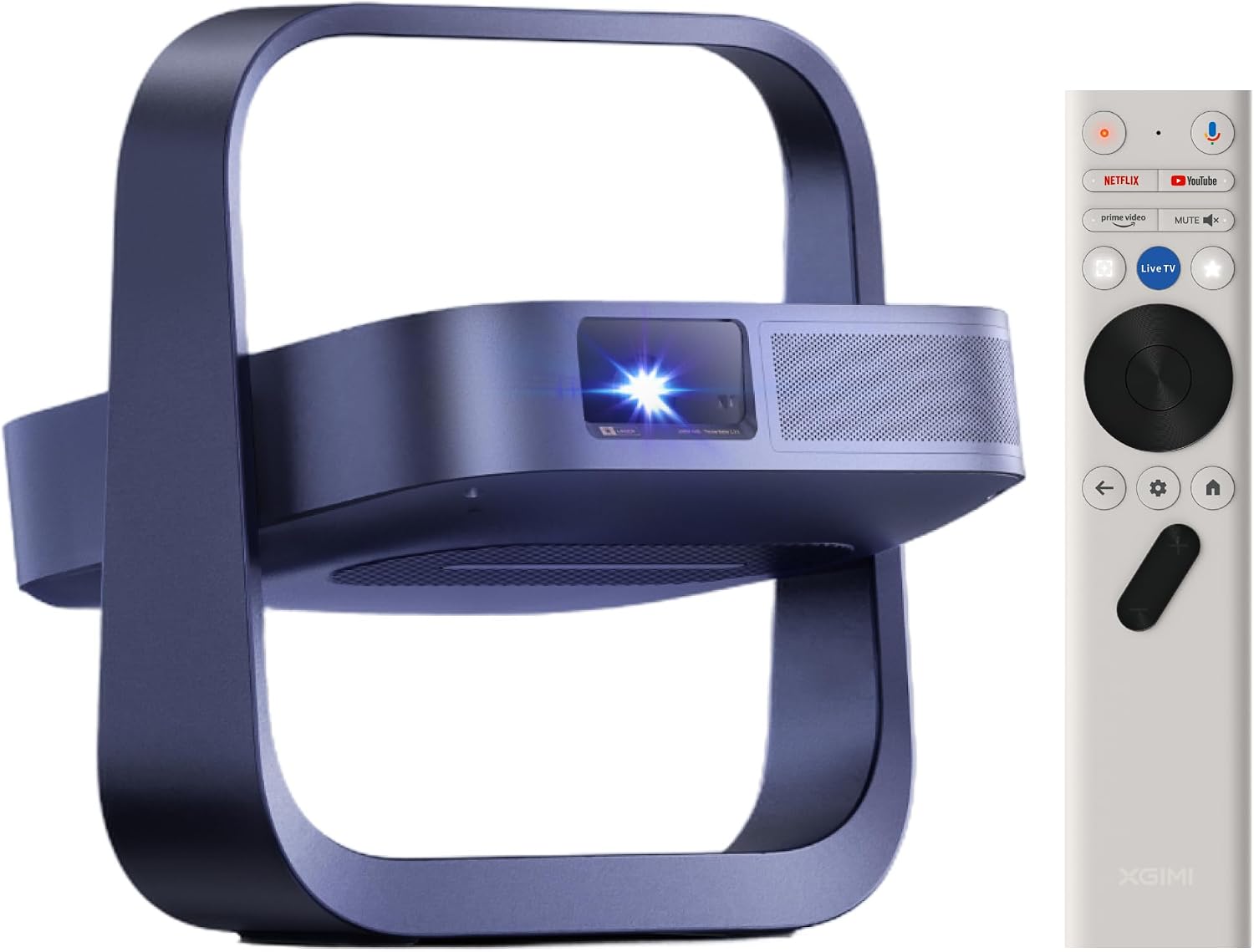 Projecteur portable XGIMI Elfin Flip Laser bleu nuit, objectif triple laser allumé, suspendu dans son support carré inclinable, avec sa télécommande Google TV à touches Netflix, YouTube et Prime Video