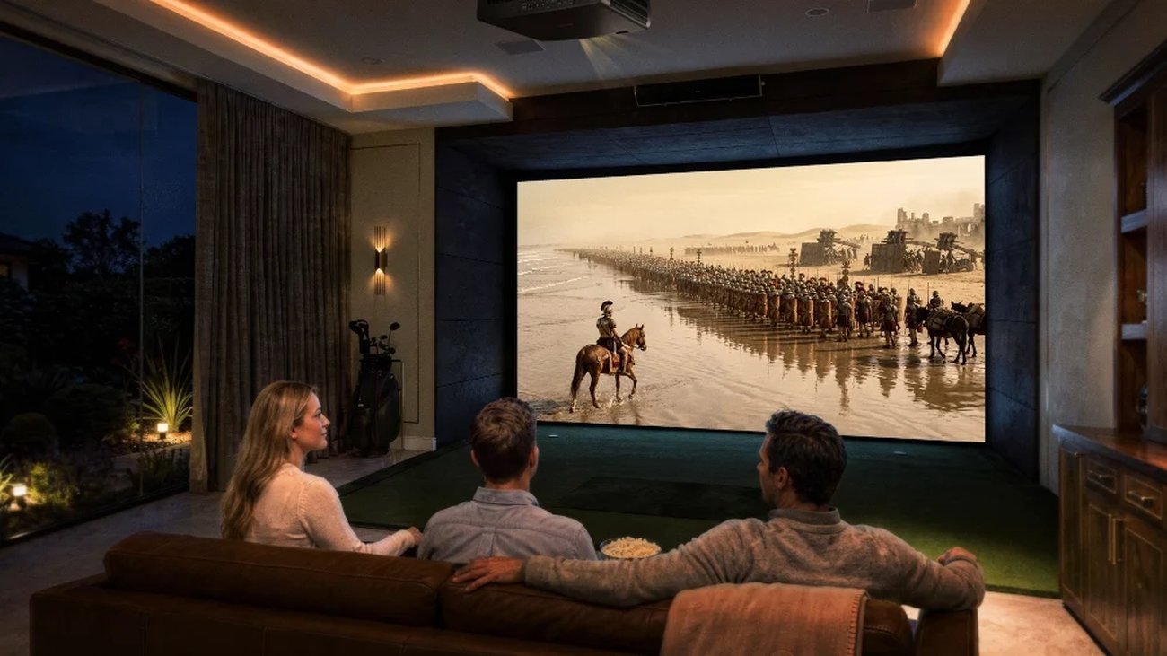 Trois personnes sur un canapé regardent un film historique projeté sur l'écran d'un simulateur de golf transformé en home cinéma, vidéoprojecteur BenQ 4K laser fixé au plafond, sac de golf dans le coin