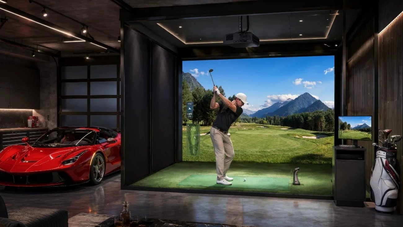 Golfeur en plein swing dans un simulateur de golf installé dans un garage haut de gamme, vidéoprojecteur BenQ 4K fixé au plafond, écran d'impact affichant un parcours de montagne, tapis de frappe et launch monitor